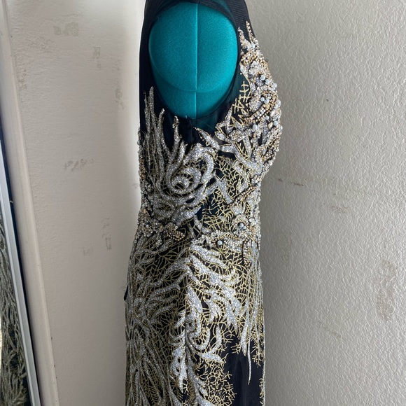 BLACK SILVER GOLD SEQUIN BEADED FORMAL DRESS BY ELIZABETH K SIZE L - Picture 7 of 10